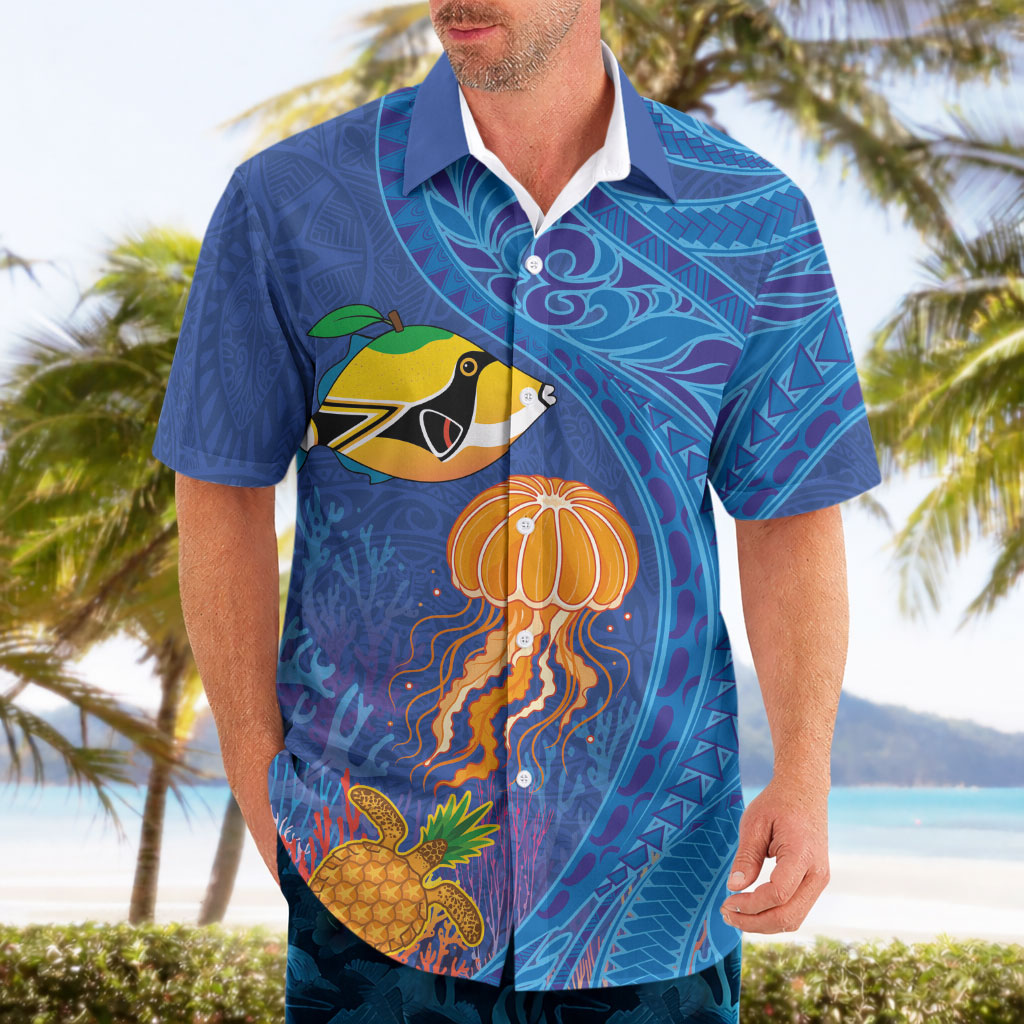 Hawaiian Funny Fruits Sea Animals Hawaiian Shirt Mango Reef Triggerfish and Pineapple Turtle and Mandarin Jellyfish LT03 - Polynesian Pride