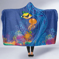 Hawaiian Funny Fruits Sea Animals Hooded Blanket Mango Reef Triggerfish and Pineapple Turtle and Mandarin Jellyfish LT03 One Size Blue - Polynesian Pride