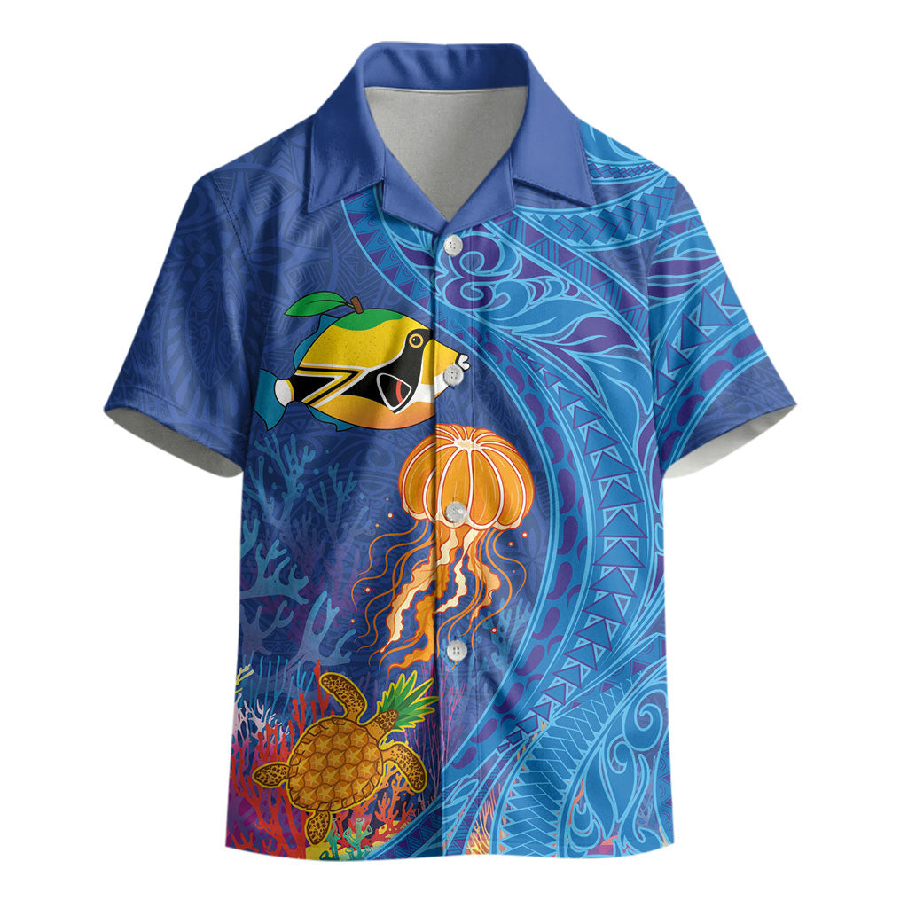 Hawaiian Funny Fruits Sea Animals Kid Hawaiian Shirt Mango Reef Triggerfish and Pineapple Turtle and Mandarin Jellyfish LT03 - Polynesian Pride