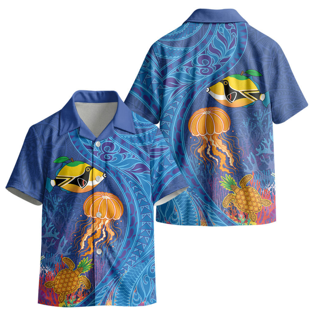 Hawaiian Funny Fruits Sea Animals Kid Hawaiian Shirt Mango Reef Triggerfish and Pineapple Turtle and Mandarin Jellyfish LT03 - Polynesian Pride