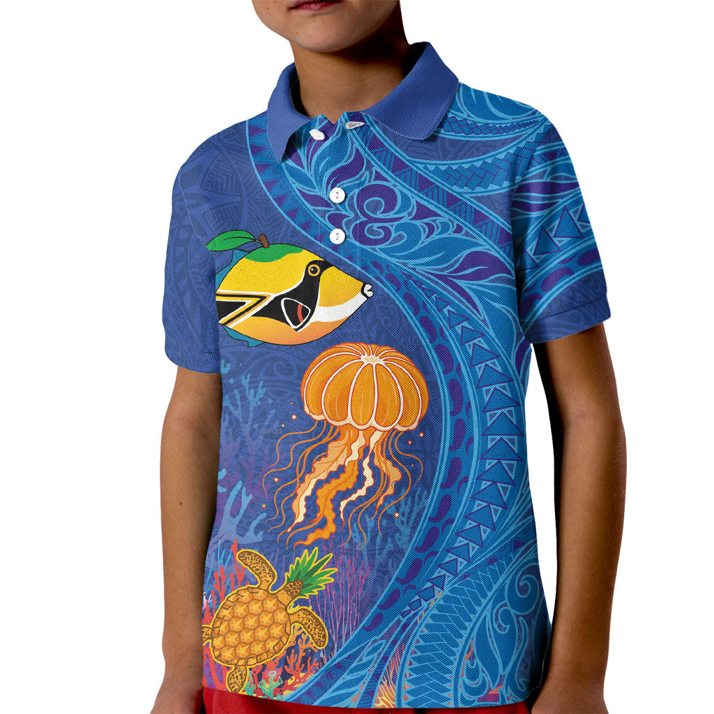 Hawaiian Funny Fruits Sea Animals Kid Polo Shirt Mango Reef Triggerfish and Pineapple Turtle and Mandarin Jellyfish LT03 Kid Blue - Polynesian Pride