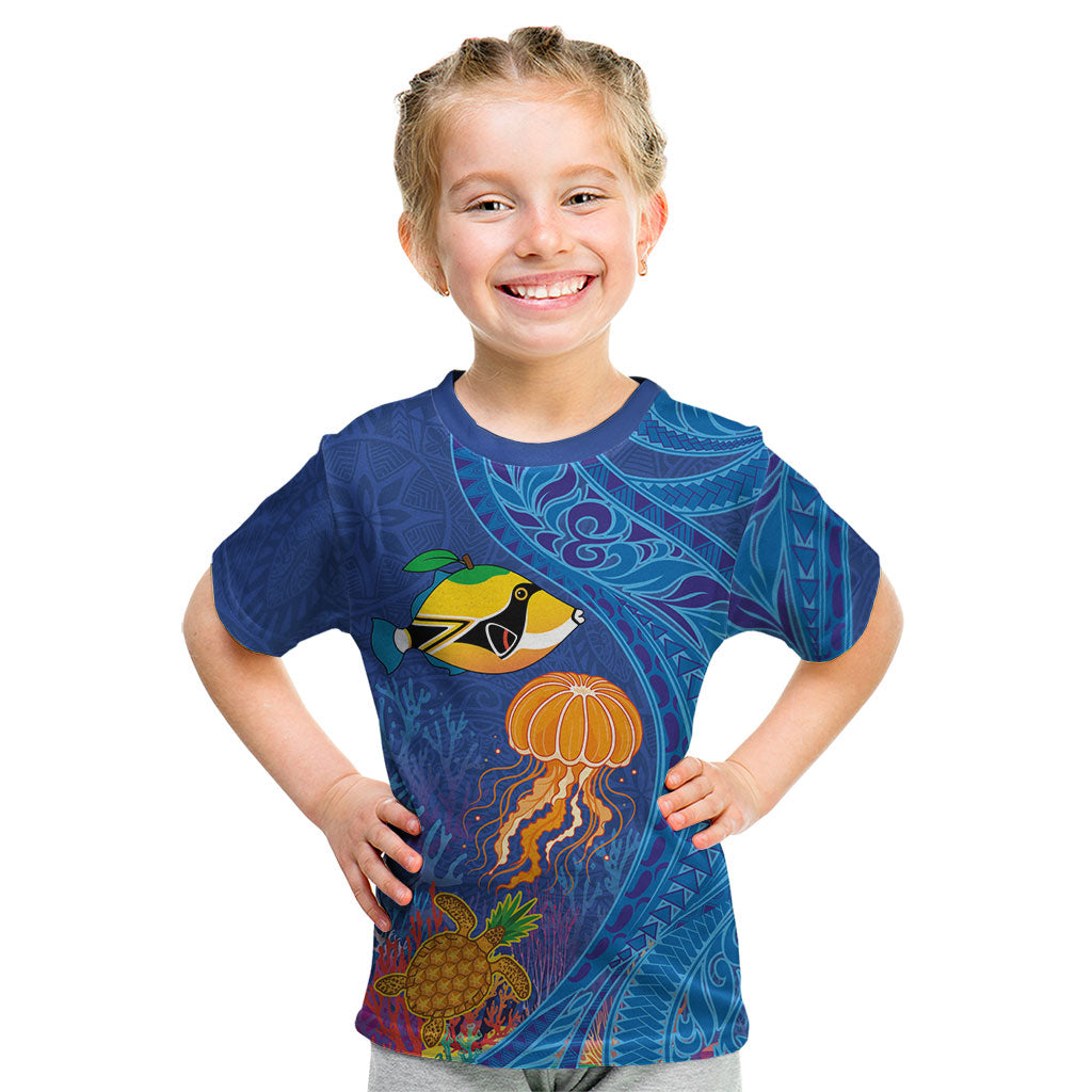 Hawaiian Funny Fruits Sea Animals Kid T Shirt Mango Reef Triggerfish and Pineapple Turtle and Mandarin Jellyfish LT03 Blue - Polynesian Pride