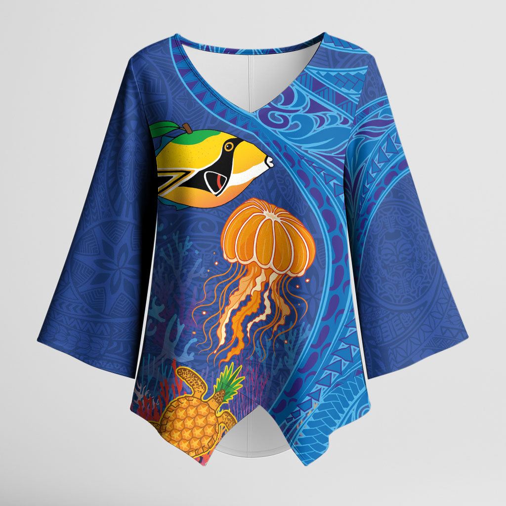 Hawaiian Funny Fruits Sea Animals Kimono Sleeve Blouse Mango Reef Triggerfish and Pineapple Turtle and Mandarin Jellyfish