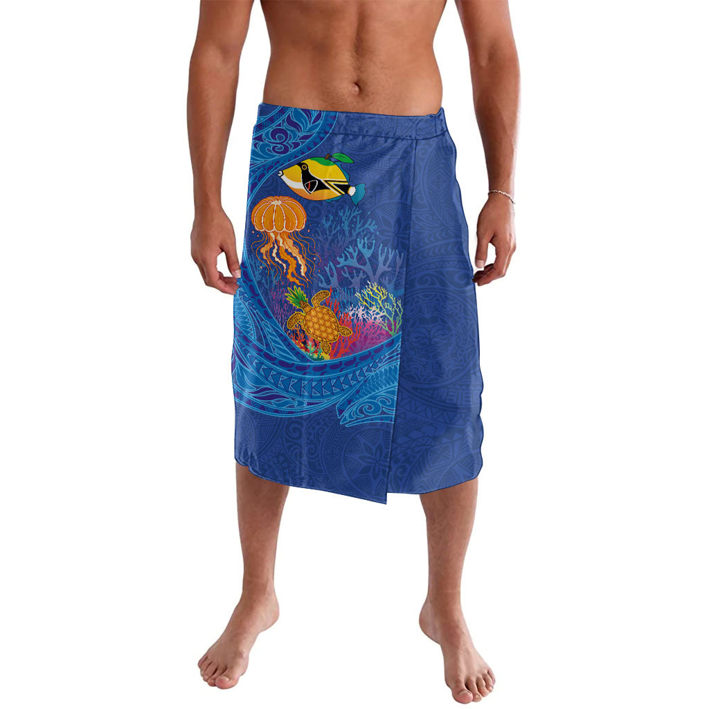 Hawaiian Funny Fruits Sea Animals Lavalava Mango Reef Triggerfish and Pineapple Turtle and Mandarin Jellyfish LT03 Blue - Polynesian Pride