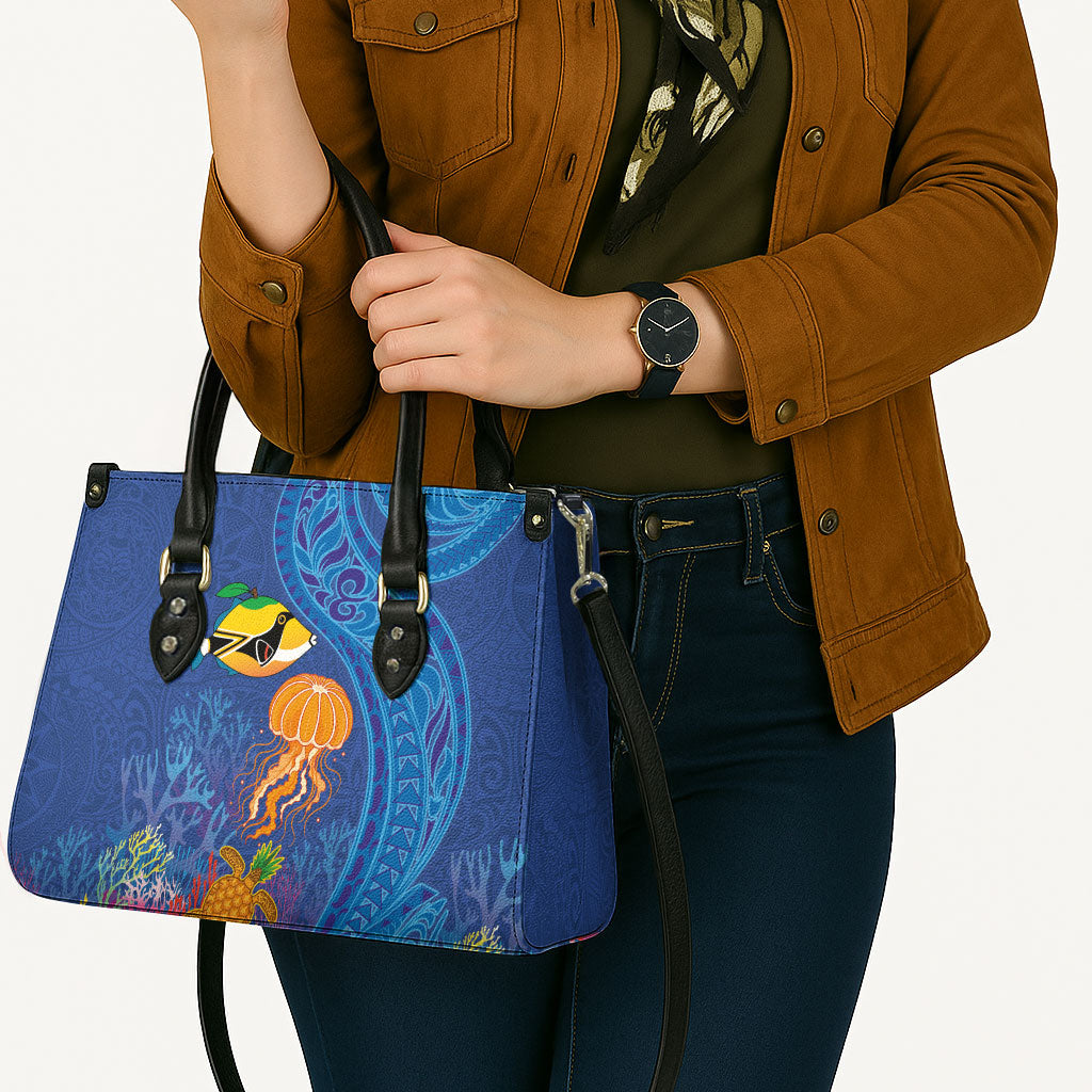 Hawaiian Funny Fruits Sea Animals Leather Bag Mango Reef Triggerfish and Pineapple Turtle and Mandarin Jellyfish LT03 - Polynesian Pride
