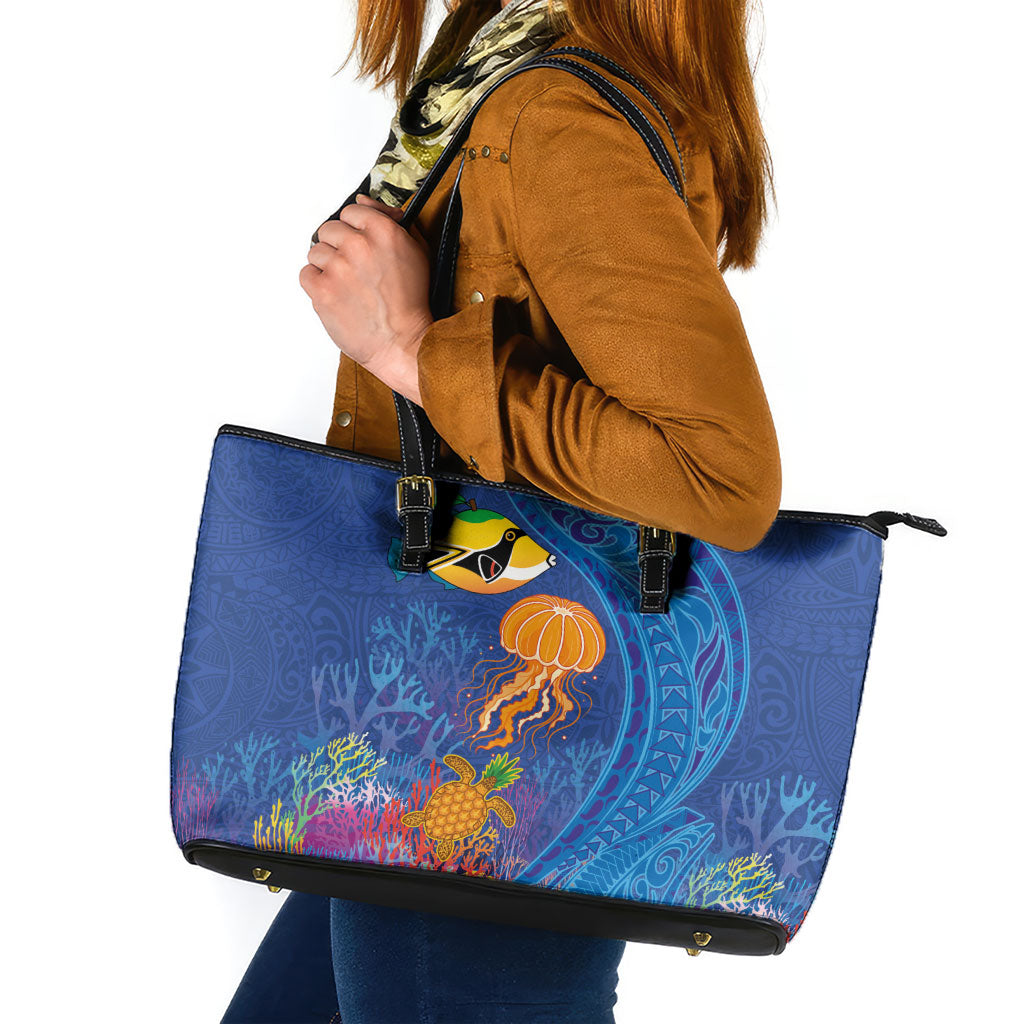Hawaiian Funny Fruits Sea Animals Leather Tote Bag Mango Reef Triggerfish and Pineapple Turtle and Mandarin Jellyfish