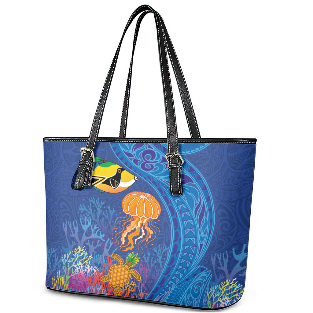 Hawaiian Funny Fruits Sea Animals Leather Tote Bag Mango Reef Triggerfish and Pineapple Turtle and Mandarin Jellyfish LT03 - Polynesian Pride