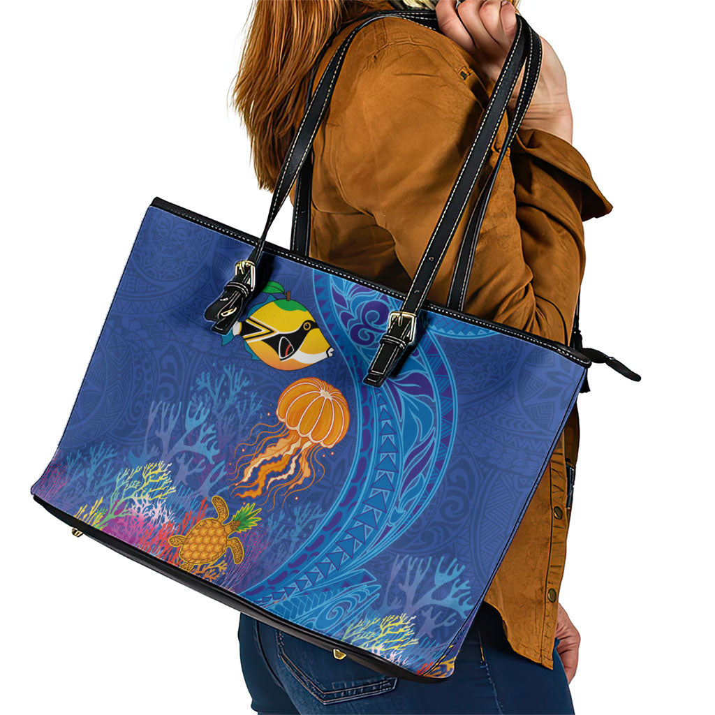 Hawaiian Funny Fruits Sea Animals Leather Tote Bag Mango Reef Triggerfish and Pineapple Turtle and Mandarin Jellyfish LT03 - Polynesian Pride