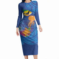 Hawaiian Funny Fruits Sea Animals Long Sleeve Bodycon Dress Mango Reef Triggerfish and Pineapple Turtle and Mandarin Jellyfish LT03 Long Dress Blue - Polynesian Pride