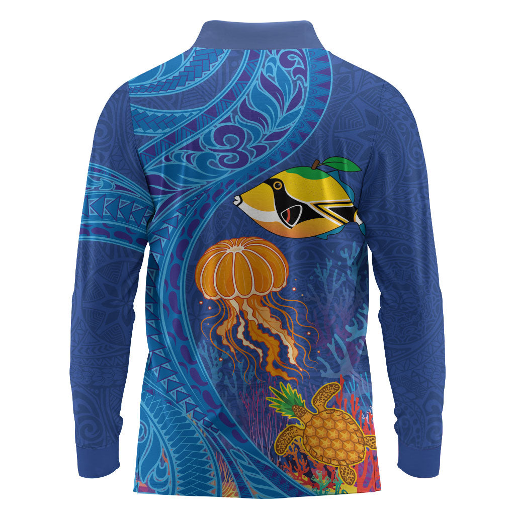 Hawaiian Funny Fruits Sea Animals Long Sleeve Polo Shirt Mango Reef Triggerfish and Pineapple Turtle and Mandarin Jellyfish LT03 - Polynesian Pride