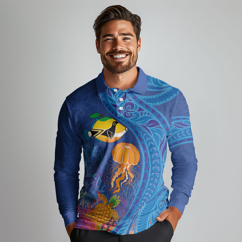 Hawaiian Funny Fruits Sea Animals Long Sleeve Polo Shirt Mango Reef Triggerfish and Pineapple Turtle and Mandarin Jellyfish LT03 - Polynesian Pride