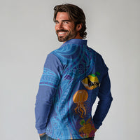 Hawaiian Funny Fruits Sea Animals Long Sleeve Polo Shirt Mango Reef Triggerfish and Pineapple Turtle and Mandarin Jellyfish LT03 - Polynesian Pride