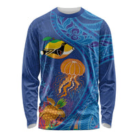 Hawaiian Funny Fruits Sea Animals Long Sleeve Shirt Mango Reef Triggerfish and Pineapple Turtle and Mandarin Jellyfish