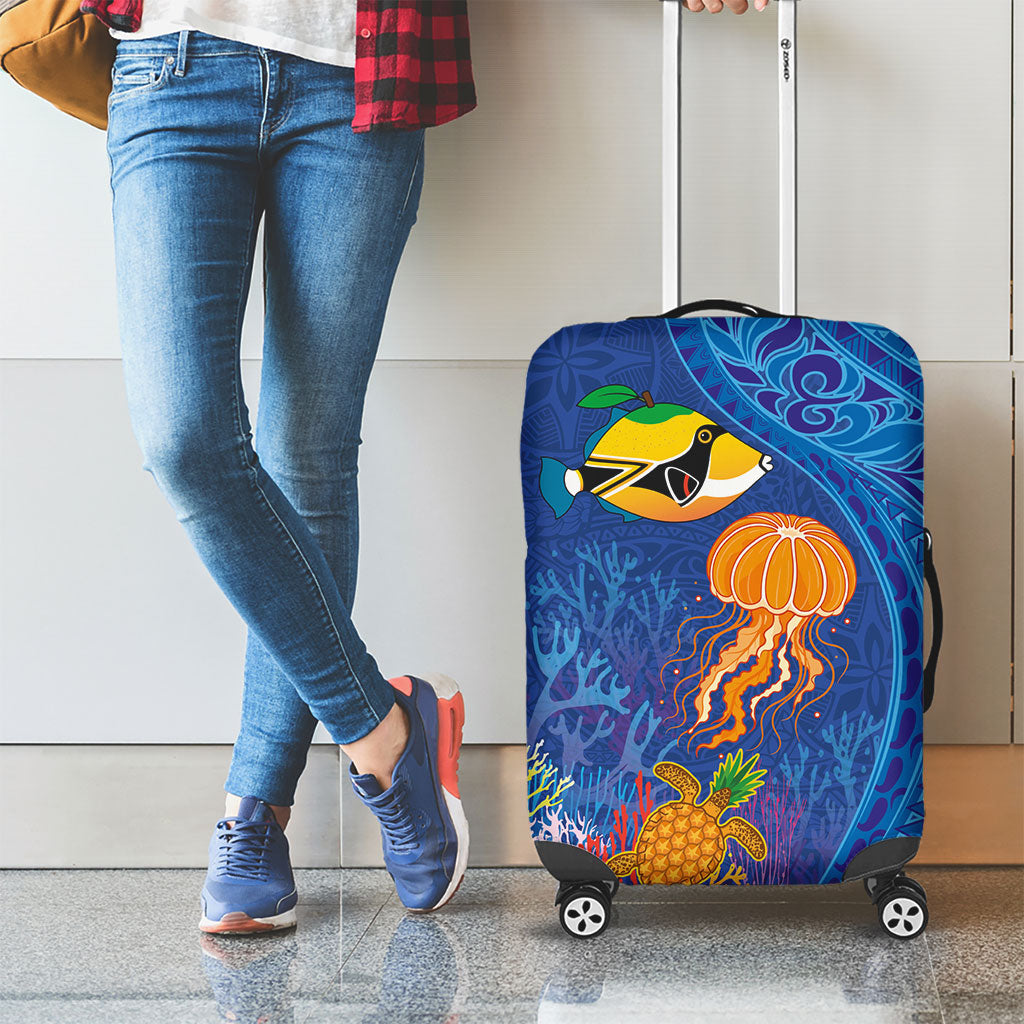 Hawaiian Funny Fruits Sea Animals Luggage Cover Mango Reef Triggerfish and Pineapple Turtle and Mandarin Jellyfish