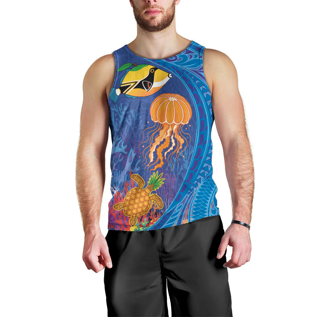 Hawaiian Funny Fruits Sea Animals Men Tank Top Mango Reef Triggerfish and Pineapple Turtle and Mandarin Jellyfish LT03 - Polynesian Pride