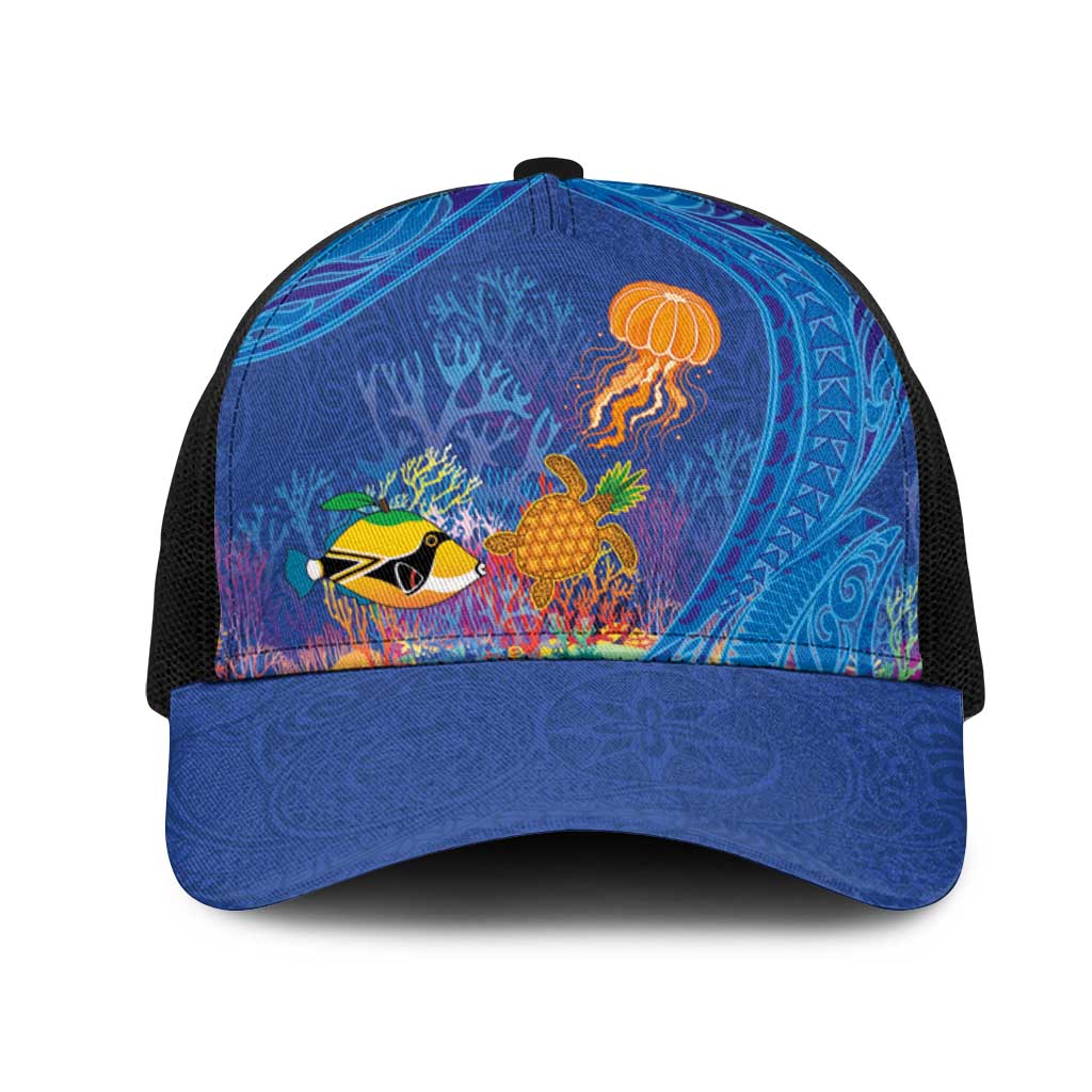 Hawaiian Funny Fruits Sea Animals Mesh Trucker Cap Mango Reef Triggerfish and Pineapple Turtle and Mandarin Jellyfish