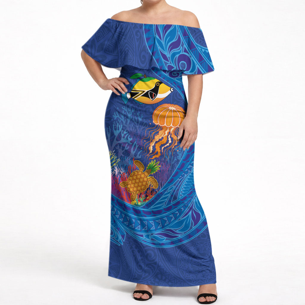Hawaiian Funny Fruits Sea Animals Off Shoulder Maxi Dress Mango Reef Triggerfish and Pineapple Turtle and Mandarin Jellyfish