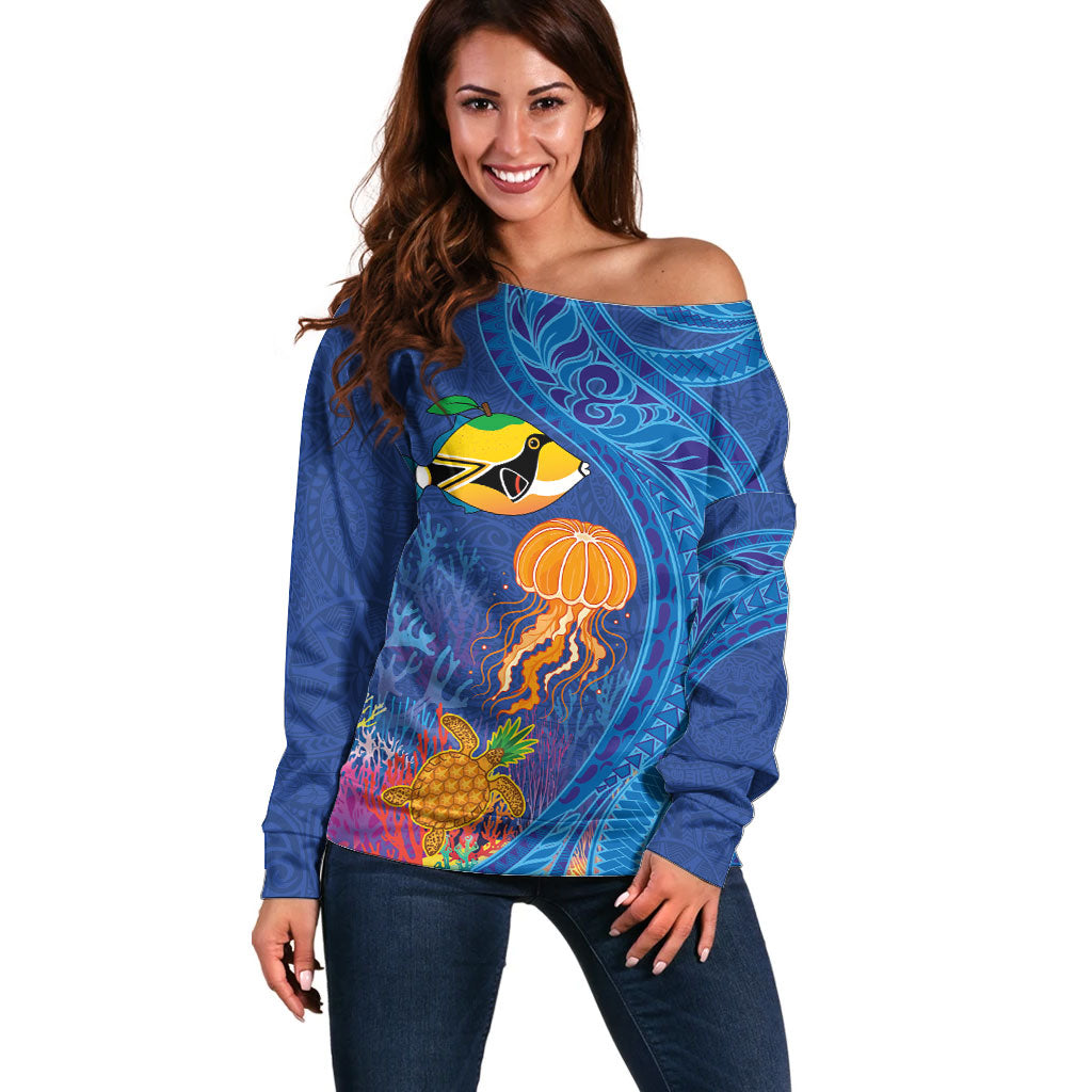Hawaiian Funny Fruits Sea Animals Off Shoulder Sweater Mango Reef Triggerfish and Pineapple Turtle and Mandarin Jellyfish LT03 Women Blue - Polynesian Pride