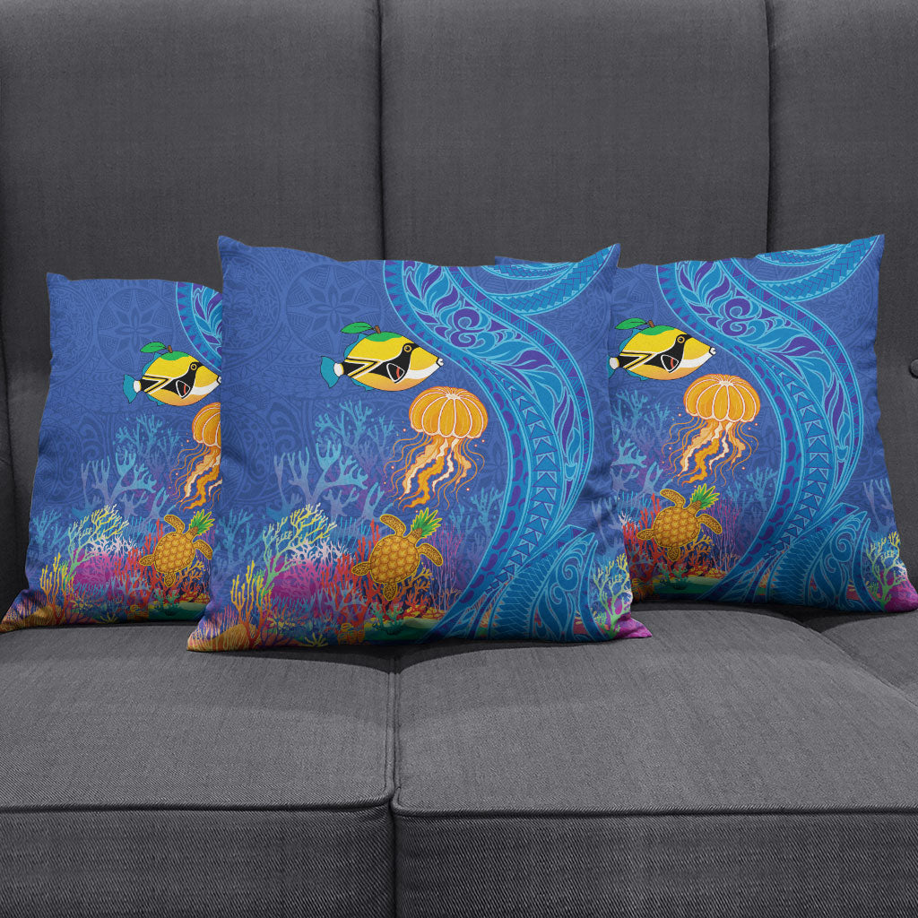 Hawaiian Funny Fruits Sea Animals Pillow Cover Mango Reef Triggerfish and Pineapple Turtle and Mandarin Jellyfish LT03 - Polynesian Pride