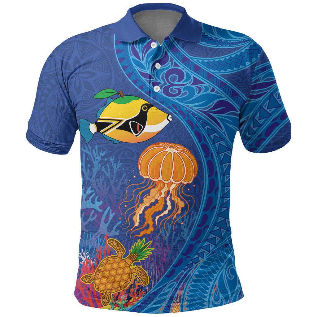 Hawaiian Funny Fruits Sea Animals Polo Shirt Mango Reef Triggerfish and Pineapple Turtle and Mandarin Jellyfish LT03 Blue - Polynesian Pride