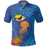 Hawaiian Funny Fruits Sea Animals Polo Shirt Mango Reef Triggerfish and Pineapple Turtle and Mandarin Jellyfish LT03 Blue - Polynesian Pride