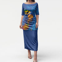 Hawaiian Funny Fruits Sea Animals Puletasi Mango Reef Triggerfish and Pineapple Turtle and Mandarin Jellyfish LT03 Long Dress Blue - Polynesian Pride