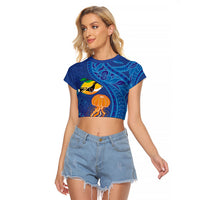 Hawaiian Funny Fruits Sea Animals Raglan Cropped T Shirt Mango Reef Triggerfish and Pineapple Turtle and Mandarin Jellyfish LT03 Female Blue - Polynesian Pride