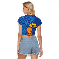 Hawaiian Funny Fruits Sea Animals Raglan Cropped T Shirt Mango Reef Triggerfish and Pineapple Turtle and Mandarin Jellyfish LT03 - Polynesian Pride