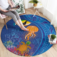 Hawaiian Funny Fruits Sea Animals Round Carpet Mango Reef Triggerfish and Pineapple Turtle and Mandarin Jellyfish LT03 - Polynesian Pride