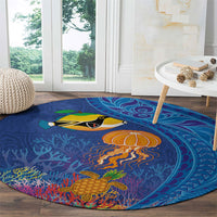 Hawaiian Funny Fruits Sea Animals Round Carpet Mango Reef Triggerfish and Pineapple Turtle and Mandarin Jellyfish LT03 - Polynesian Pride