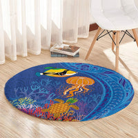 Hawaiian Funny Fruits Sea Animals Round Carpet Mango Reef Triggerfish and Pineapple Turtle and Mandarin Jellyfish LT03 - Polynesian Pride