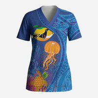 Hawaiian Funny Fruits Sea Animals Scrub Top Mango Reef Triggerfish and Pineapple Turtle and Mandarin Jellyfish LT03 Adult Blue - Polynesian Pride