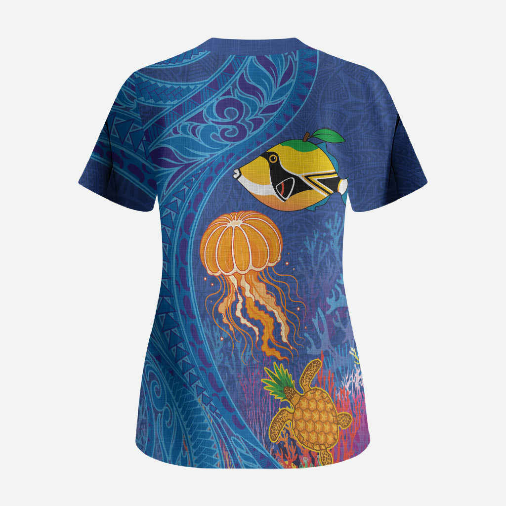 Hawaiian Funny Fruits Sea Animals Scrub Top Mango Reef Triggerfish and Pineapple Turtle and Mandarin Jellyfish LT03 - Polynesian Pride