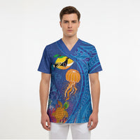 Hawaiian Funny Fruits Sea Animals Scrub Top Mango Reef Triggerfish and Pineapple Turtle and Mandarin Jellyfish LT03 - Polynesian Pride