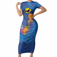 Hawaiian Funny Fruits Sea Animals Short Sleeve Bodycon Dress Mango Reef Triggerfish and Pineapple Turtle and Mandarin Jellyfish LT03 Long Dress Blue - Polynesian Pride