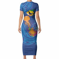 Hawaiian Funny Fruits Sea Animals Short Sleeve Bodycon Dress Mango Reef Triggerfish and Pineapple Turtle and Mandarin Jellyfish LT03 - Polynesian Pride