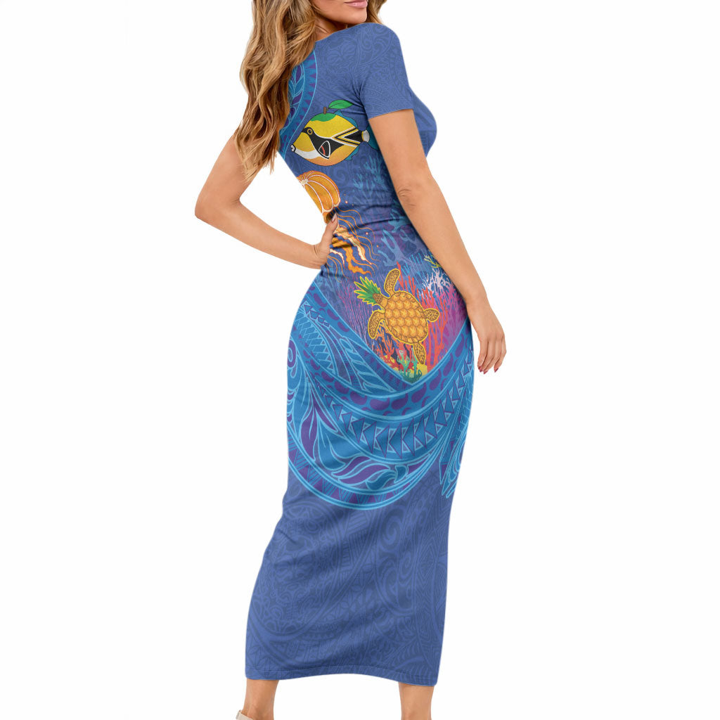 Hawaiian Funny Fruits Sea Animals Short Sleeve Bodycon Dress Mango Reef Triggerfish and Pineapple Turtle and Mandarin Jellyfish LT03 - Polynesian Pride
