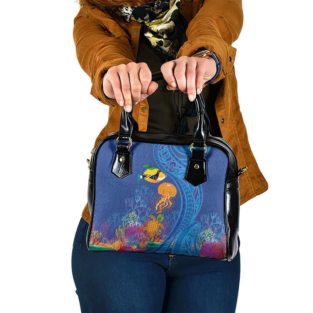 Hawaiian Funny Fruits Sea Animals Shoulder Handbag Mango Reef Triggerfish and Pineapple Turtle and Mandarin Jellyfish LT03 One Size Blue - Polynesian Pride