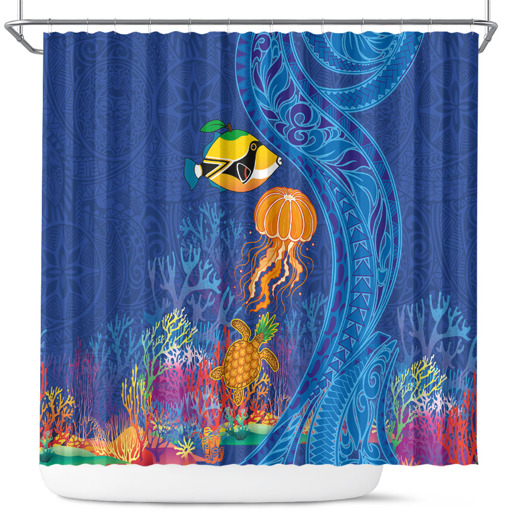 Hawaiian Funny Fruits Sea Animals Shower Curtain Mango Reef Triggerfish and Pineapple Turtle and Mandarin Jellyfish LT03 Blue - Polynesian Pride