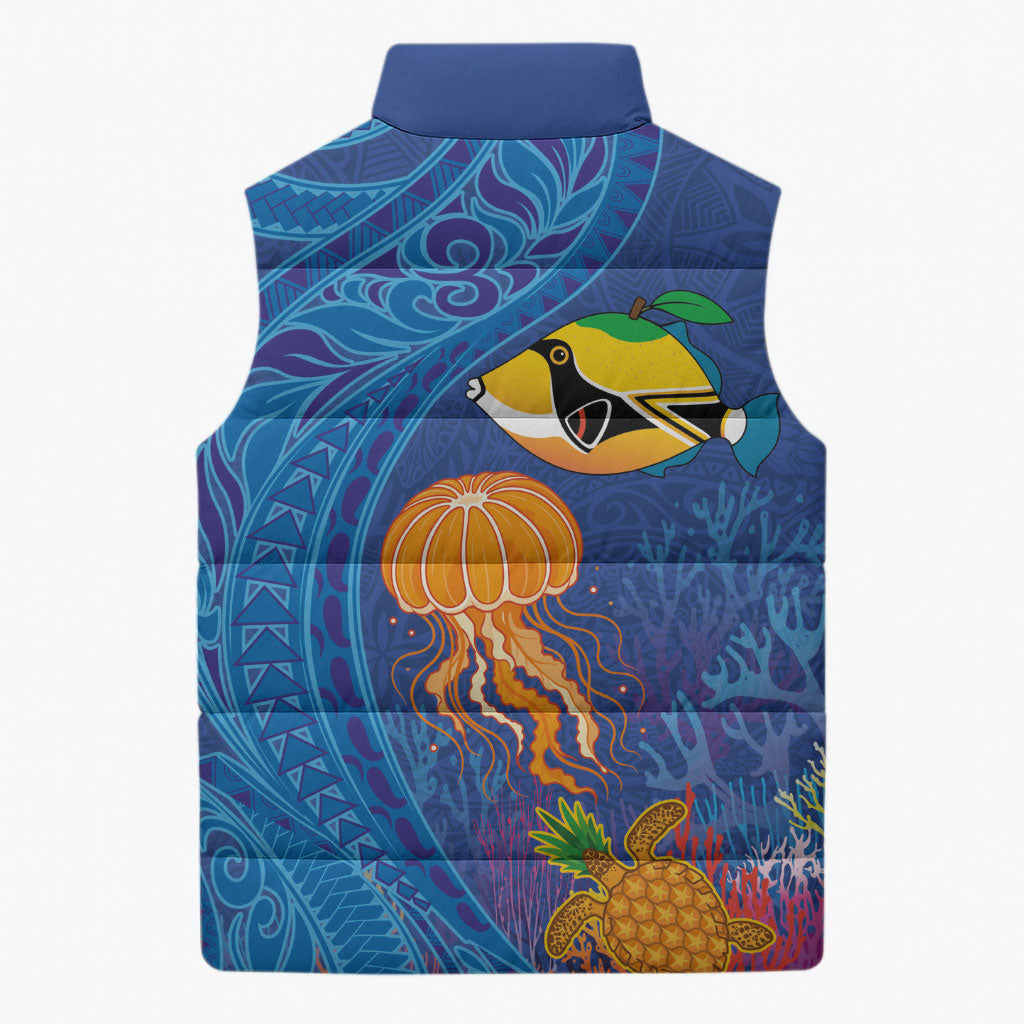 Hawaiian Funny Fruits Sea Animals Sleeveless Puffer Jacket Mango Reef Triggerfish and Pineapple Turtle and Mandarin Jellyfish LT03 - Polynesian Pride