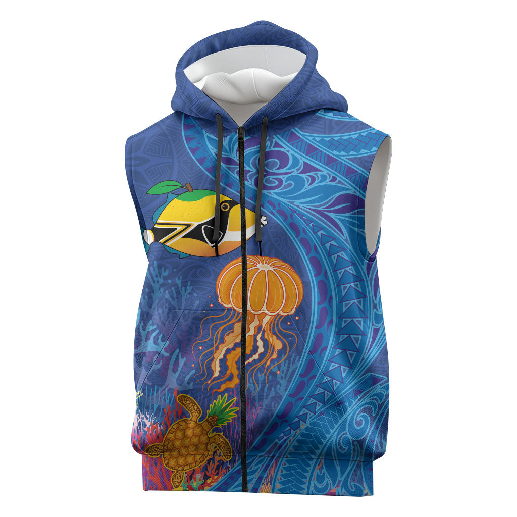 Hawaiian Funny Fruits Sea Animals Sleeveless Zip Hoodie Mango Reef Triggerfish and Pineapple Turtle and Mandarin Jellyfish
