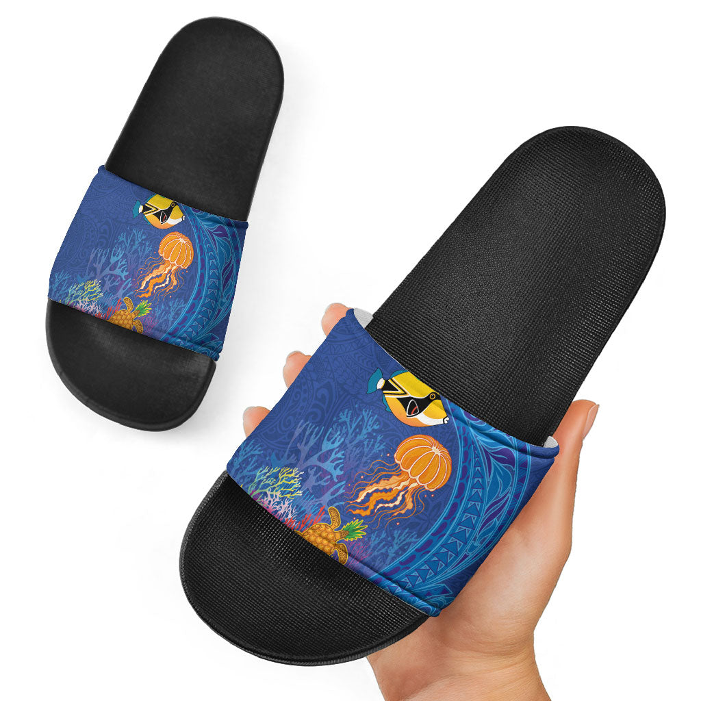 Hawaiian Funny Fruits Sea Animals Slide Sandals Mango Reef Triggerfish and Pineapple Turtle and Mandarin Jellyfish LT03 - Polynesian Pride