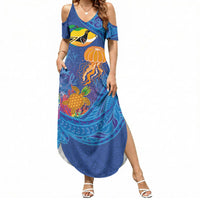 Hawaiian Funny Fruits Sea Animals Summer Maxi Dress Mango Reef Triggerfish and Pineapple Turtle and Mandarin Jellyfish LT03 Women Blue - Polynesian Pride