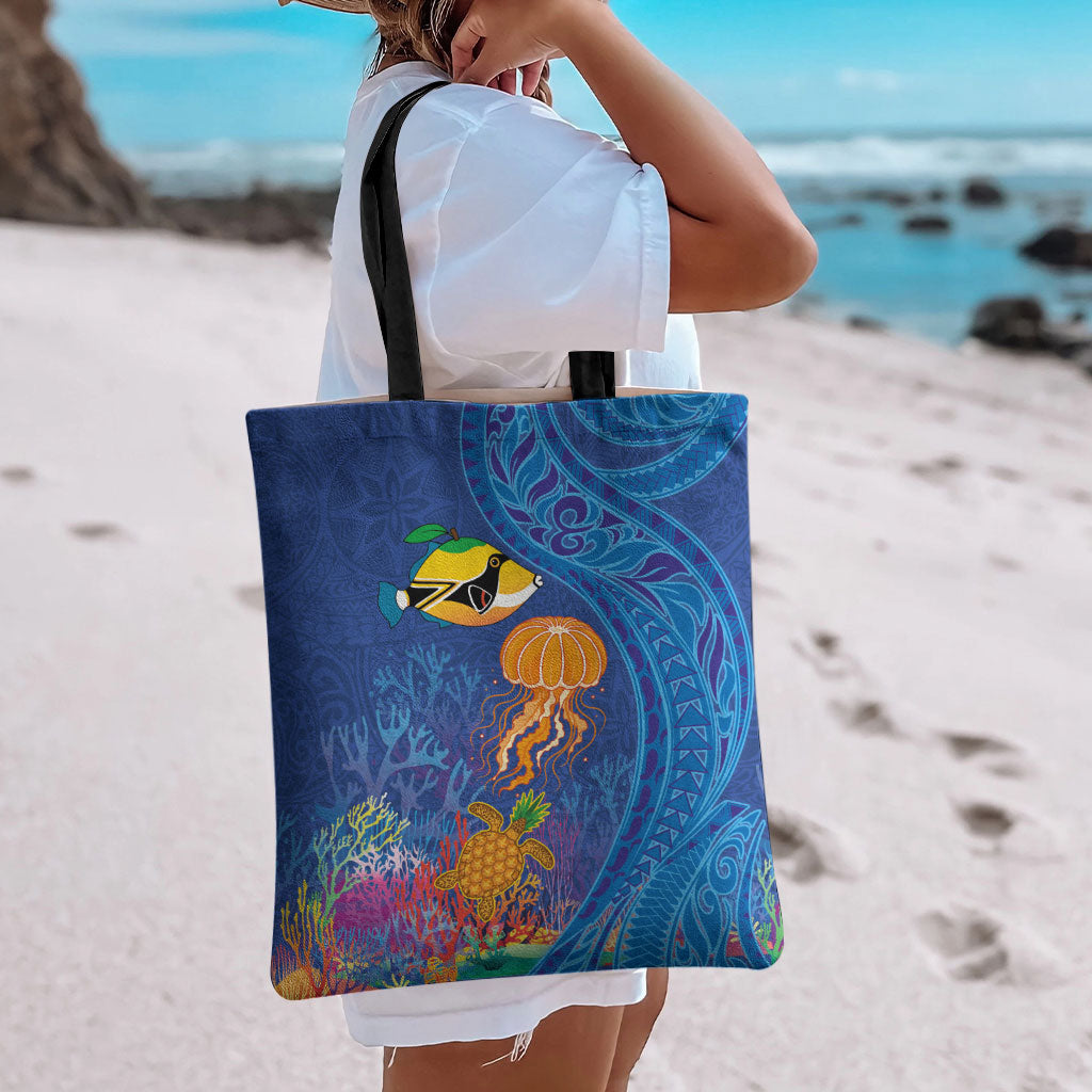 Hawaiian Funny Fruits Sea Animals Tote Bag Mango Reef Triggerfish and Pineapple Turtle and Mandarin Jellyfish LT03 - Polynesian Pride