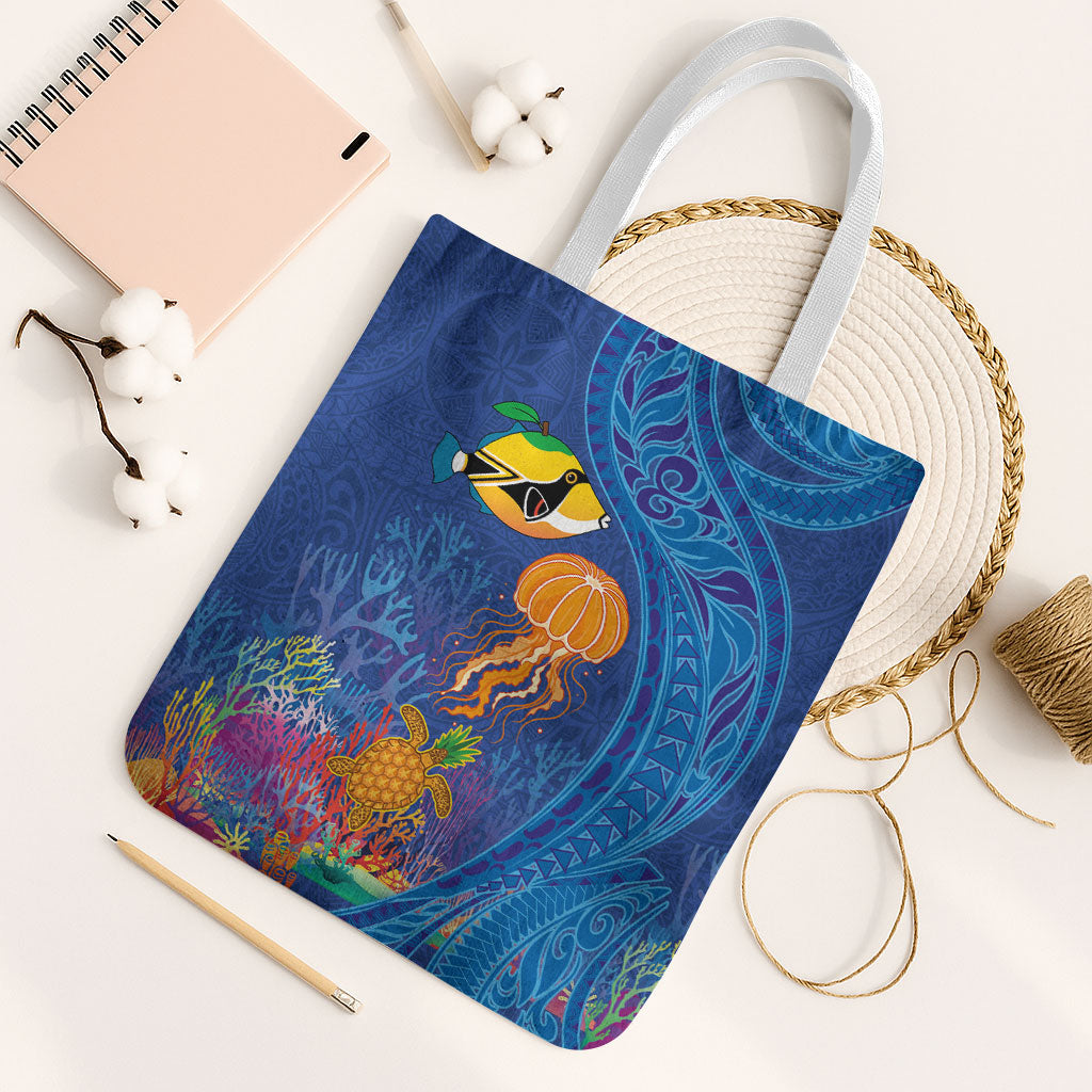 Hawaiian Funny Fruits Sea Animals Tote Bag Mango Reef Triggerfish and Pineapple Turtle and Mandarin Jellyfish LT03 White Strap One Size Blue - Polynesian Pride