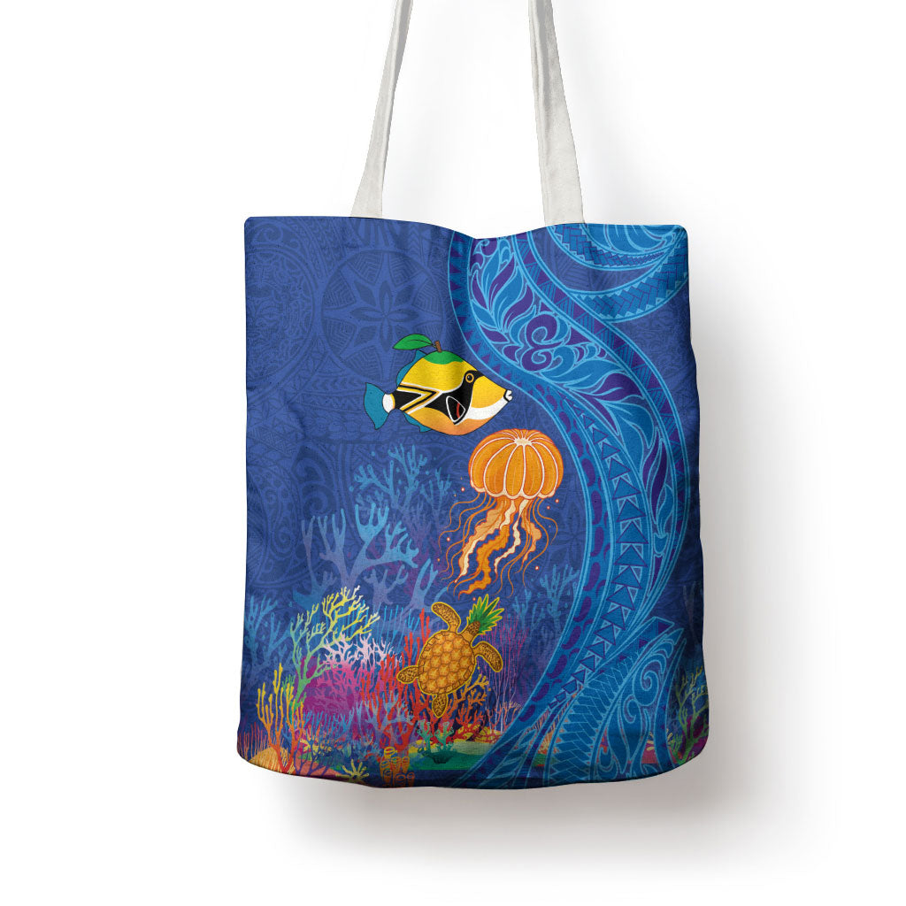 Hawaiian Funny Fruits Sea Animals Tote Bag Mango Reef Triggerfish and Pineapple Turtle and Mandarin Jellyfish LT03 - Polynesian Pride