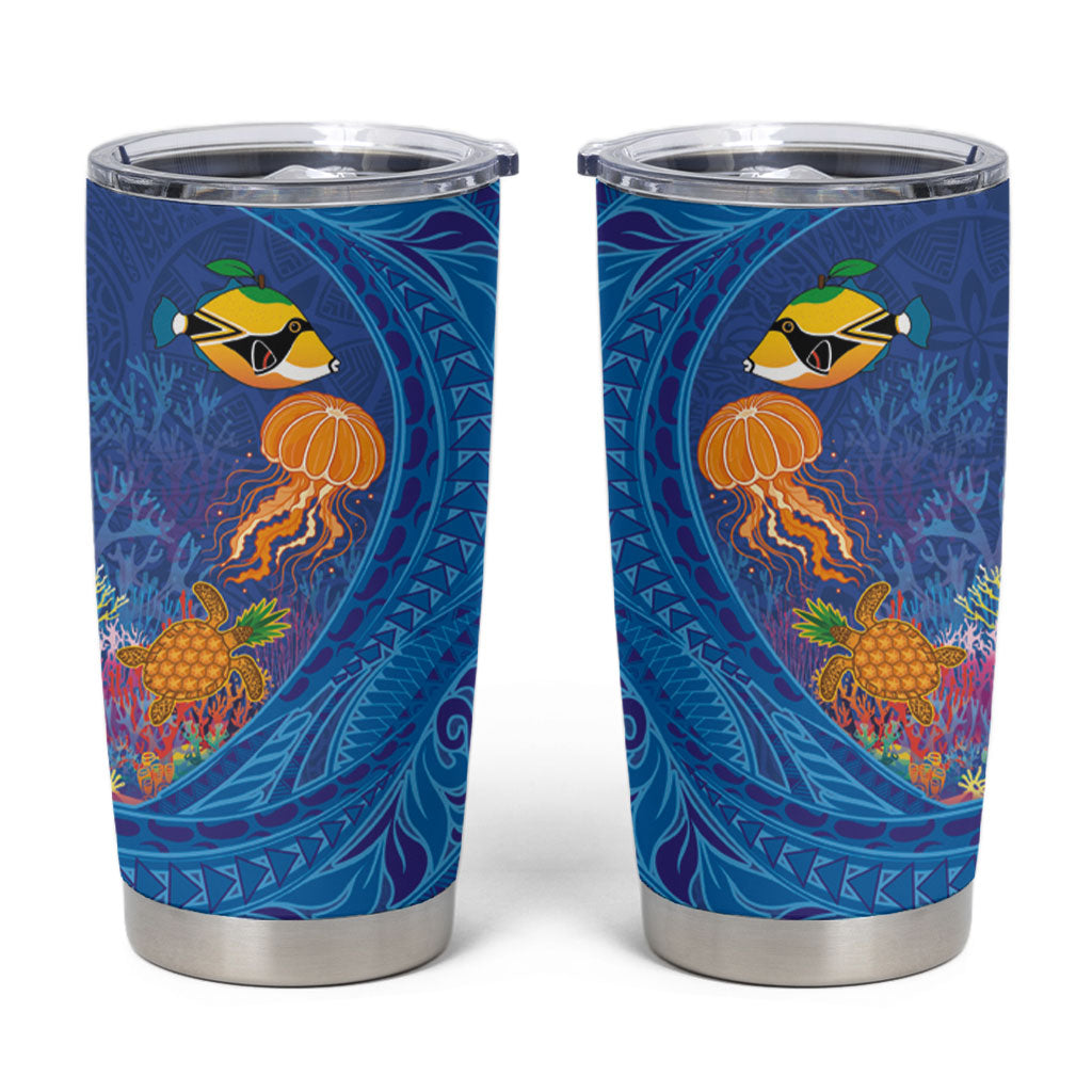Hawaiian Funny Fruits Sea Animals Tumbler Cup Mango Reef Triggerfish and Pineapple Turtle and Mandarin Jellyfish