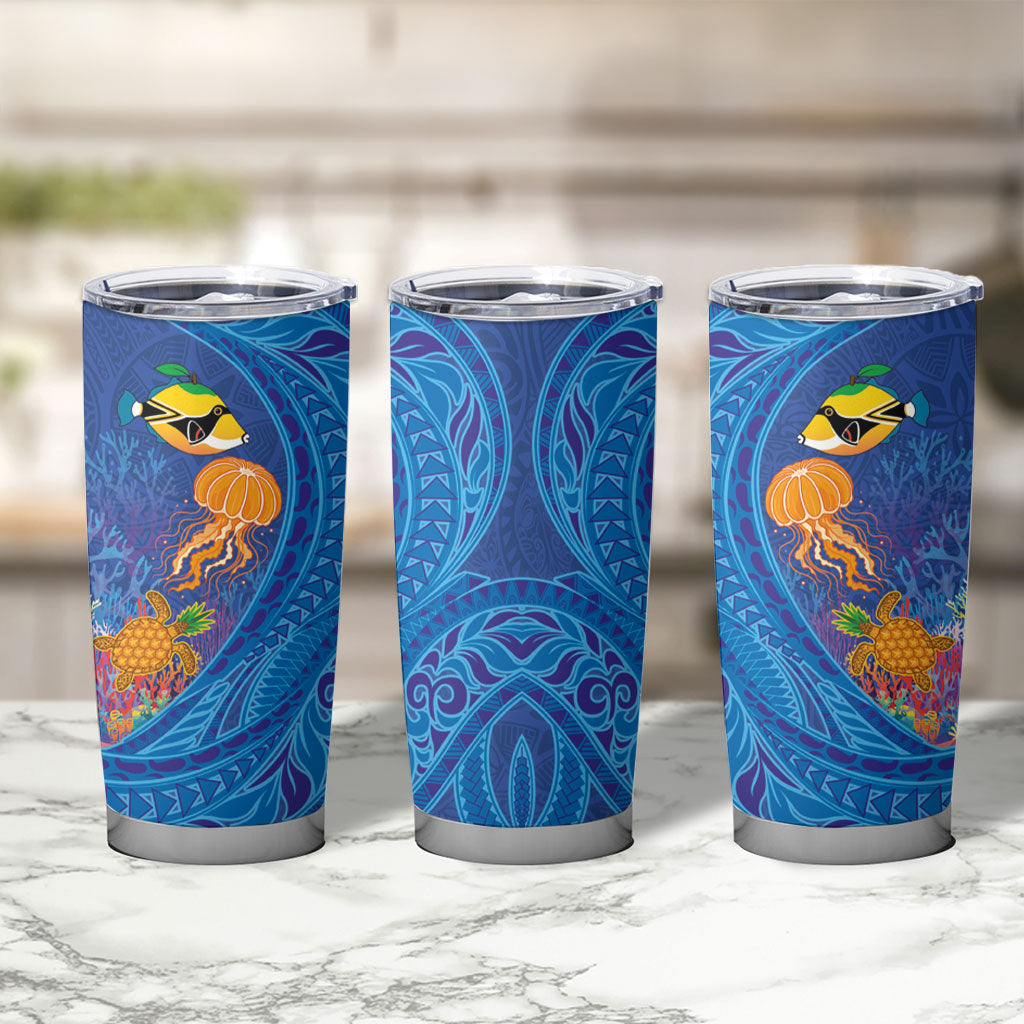 Hawaiian Funny Fruits Sea Animals Tumbler Cup Mango Reef Triggerfish and Pineapple Turtle and Mandarin Jellyfish LT03 - Polynesian Pride