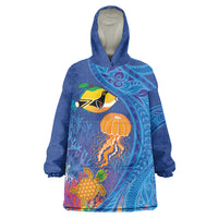 Hawaiian Funny Fruits Sea Animals Wearable Blanket Hoodie Mango Reef Triggerfish and Pineapple Turtle and Mandarin Jellyfish LT03 One Size Blue - Polynesian Pride