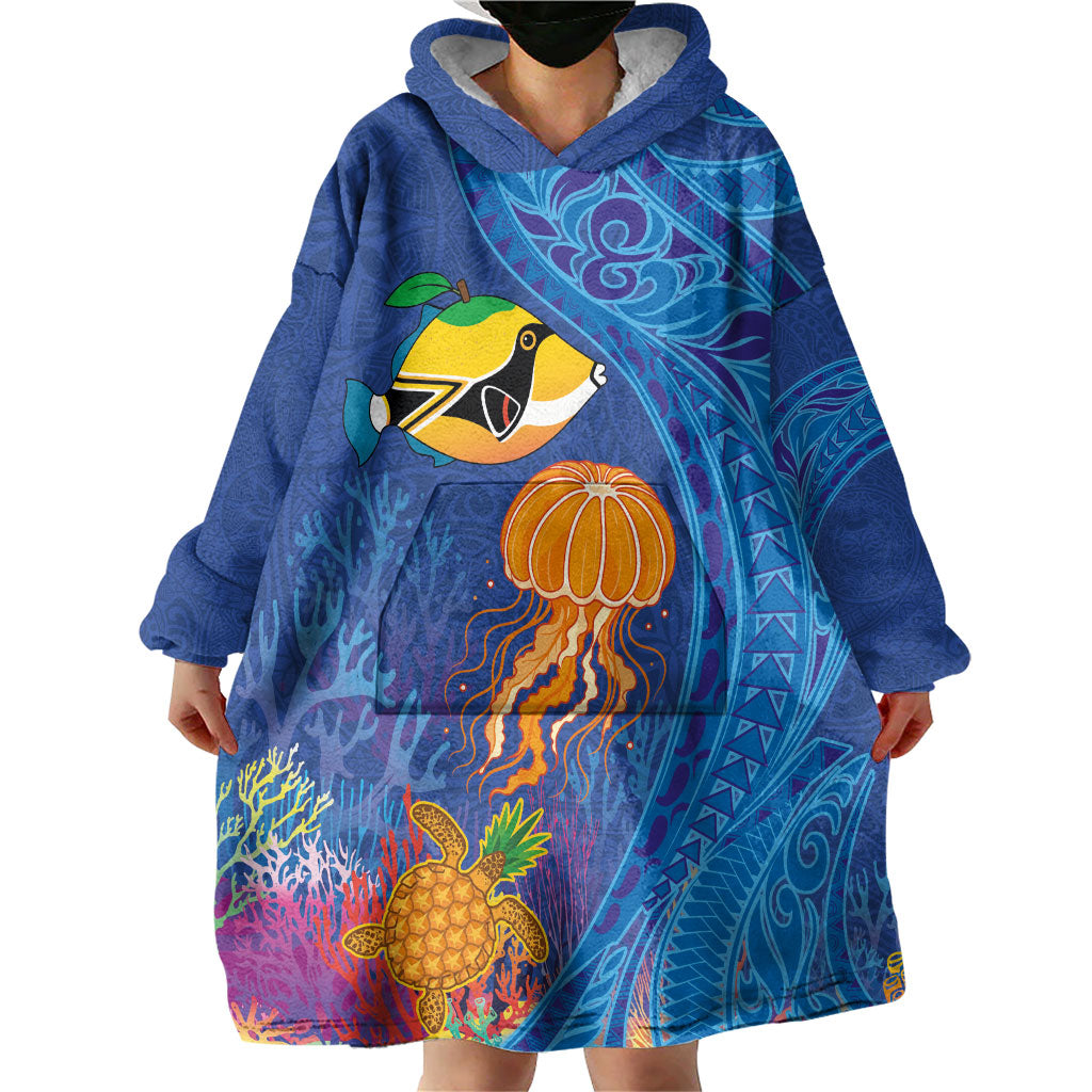 Hawaiian Funny Fruits Sea Animals Wearable Blanket Hoodie Mango Reef Triggerfish and Pineapple Turtle and Mandarin Jellyfish LT03 - Polynesian Pride